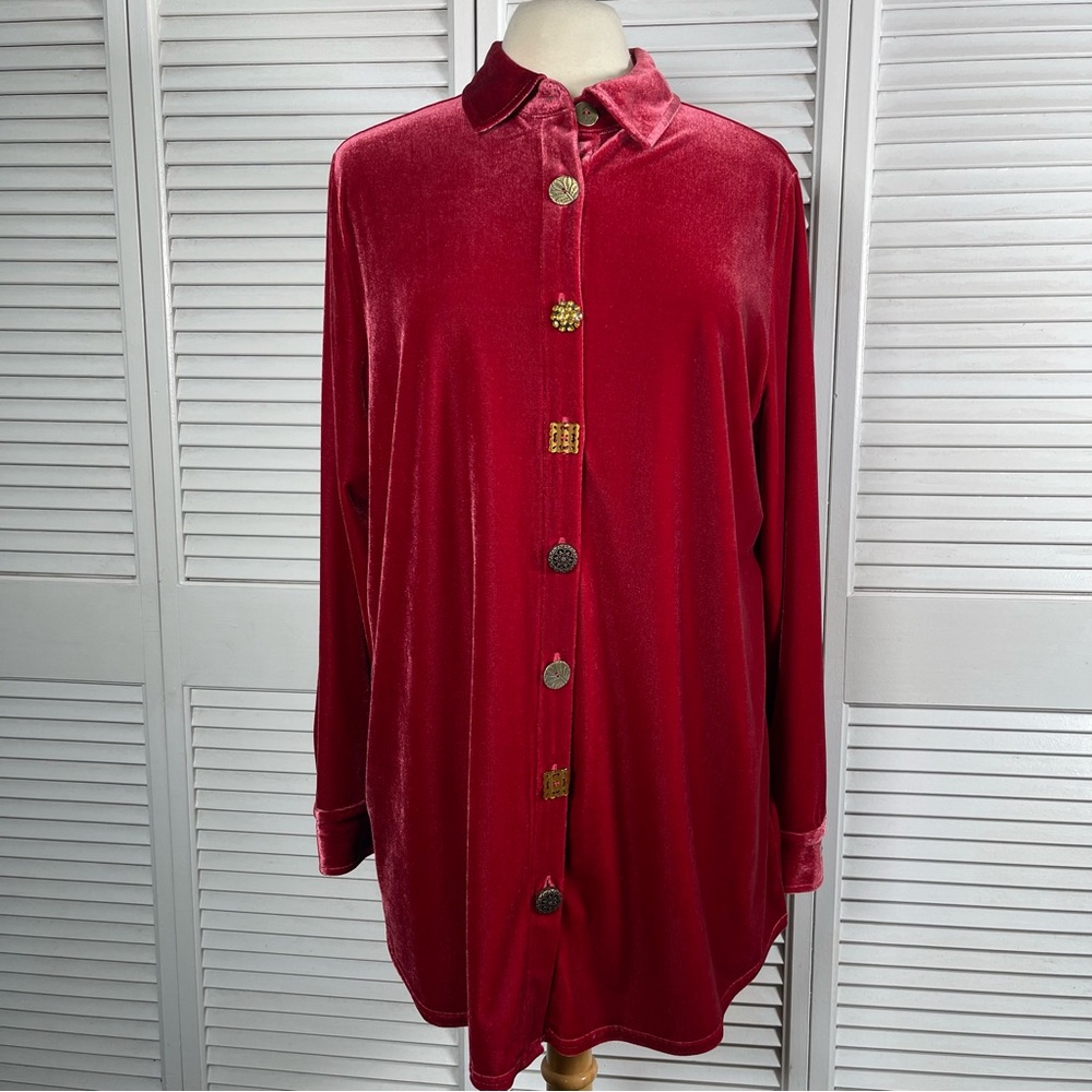 Soft‎ Surroundings Red Velvet Tunic Shirt L Preloved Jewel Button Top